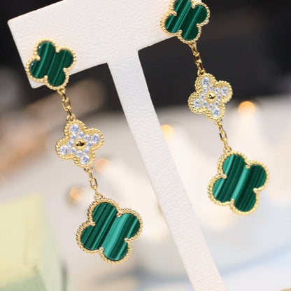 [Everoly JW]CLOVER EARRINGS GOLD MALACHITE DIAMOND 3 MOTIF
