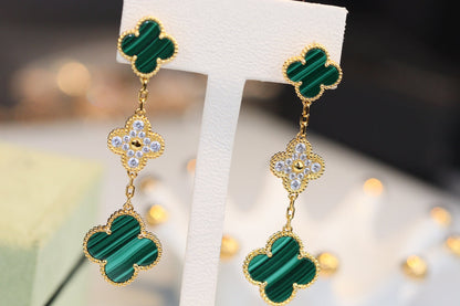 [Everoly JW]CLOVER EARRINGS GOLD MALACHITE DIAMOND 3 MOTIF