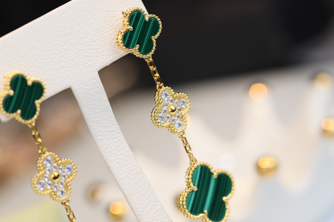 [Everoly JW]CLOVER EARRINGS GOLD MALACHITE DIAMOND 3 MOTIF