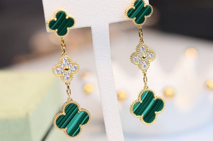 [Everoly JW]CLOVER EARRINGS GOLD MALACHITE DIAMOND 3 MOTIF