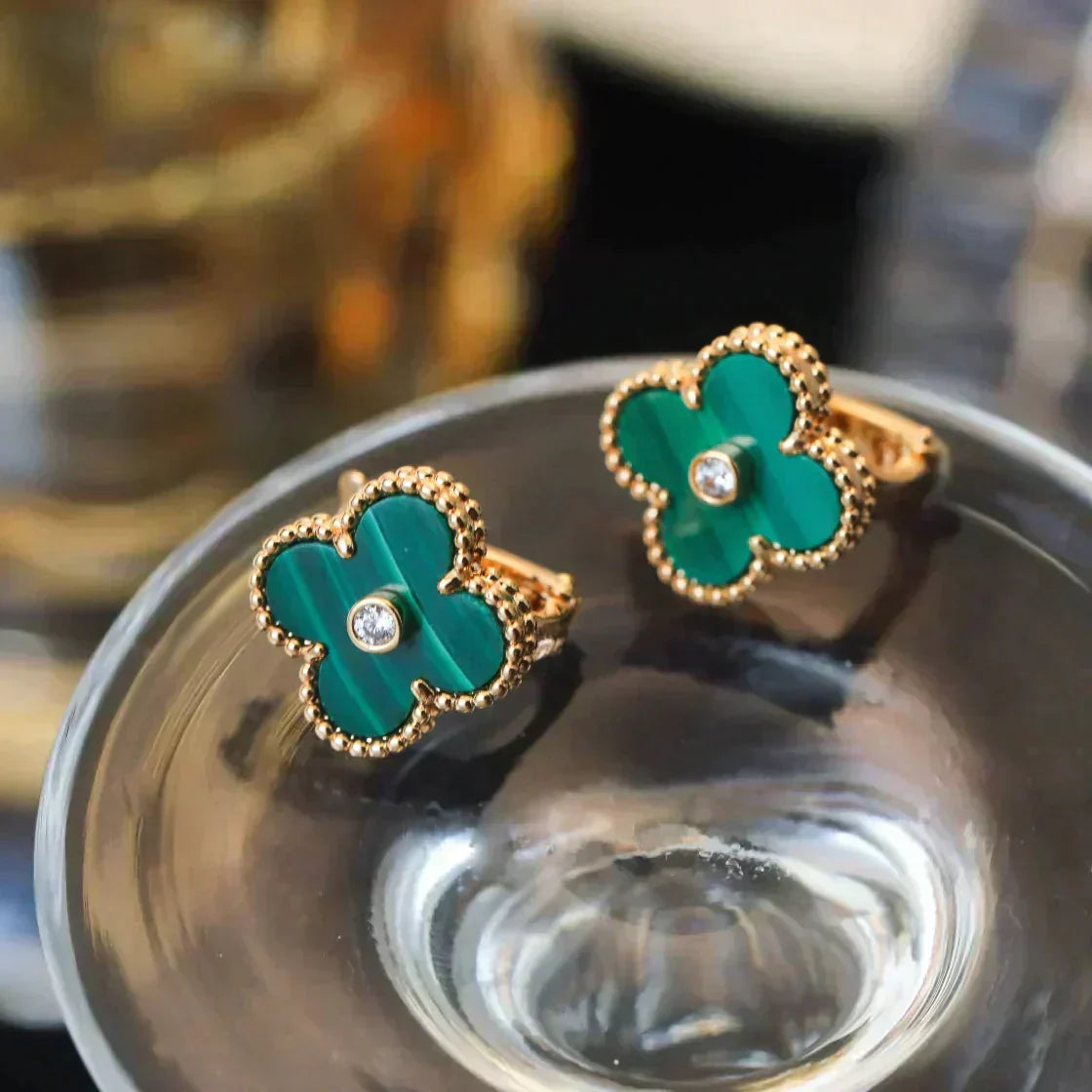 [Everoly JW]CLOVER MEDIUM 1 MOTIFS MALACHITE DIAMOND EARRINGS
