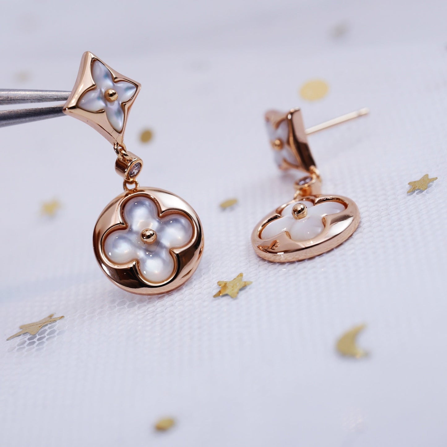 [Everoly JW]STAR AND SUN PINK GOLD MOP DROP EARRINGS