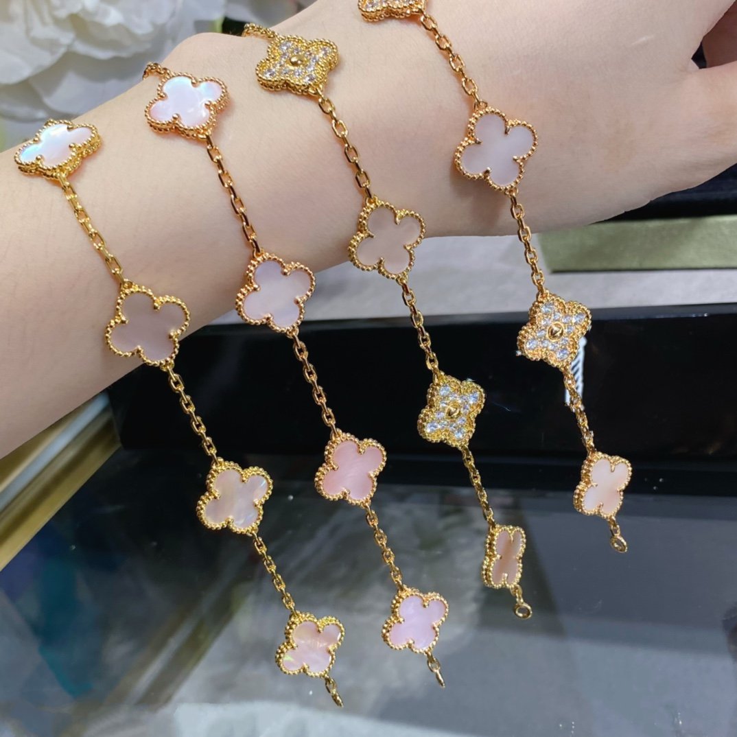 [Violet JW]CLOVER 5 MOTIF DIAMOND PINK MOP PINK GOLD BRACELET