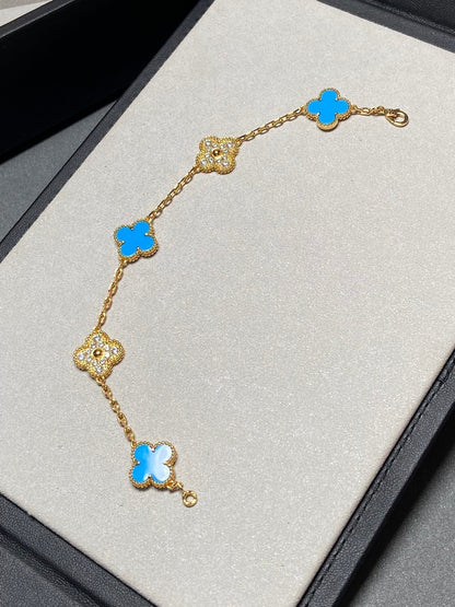 [Violet JW]CLOVER 5 MOTIF BLUE CHALCEDONY DIAMOND GOLD BRACELET