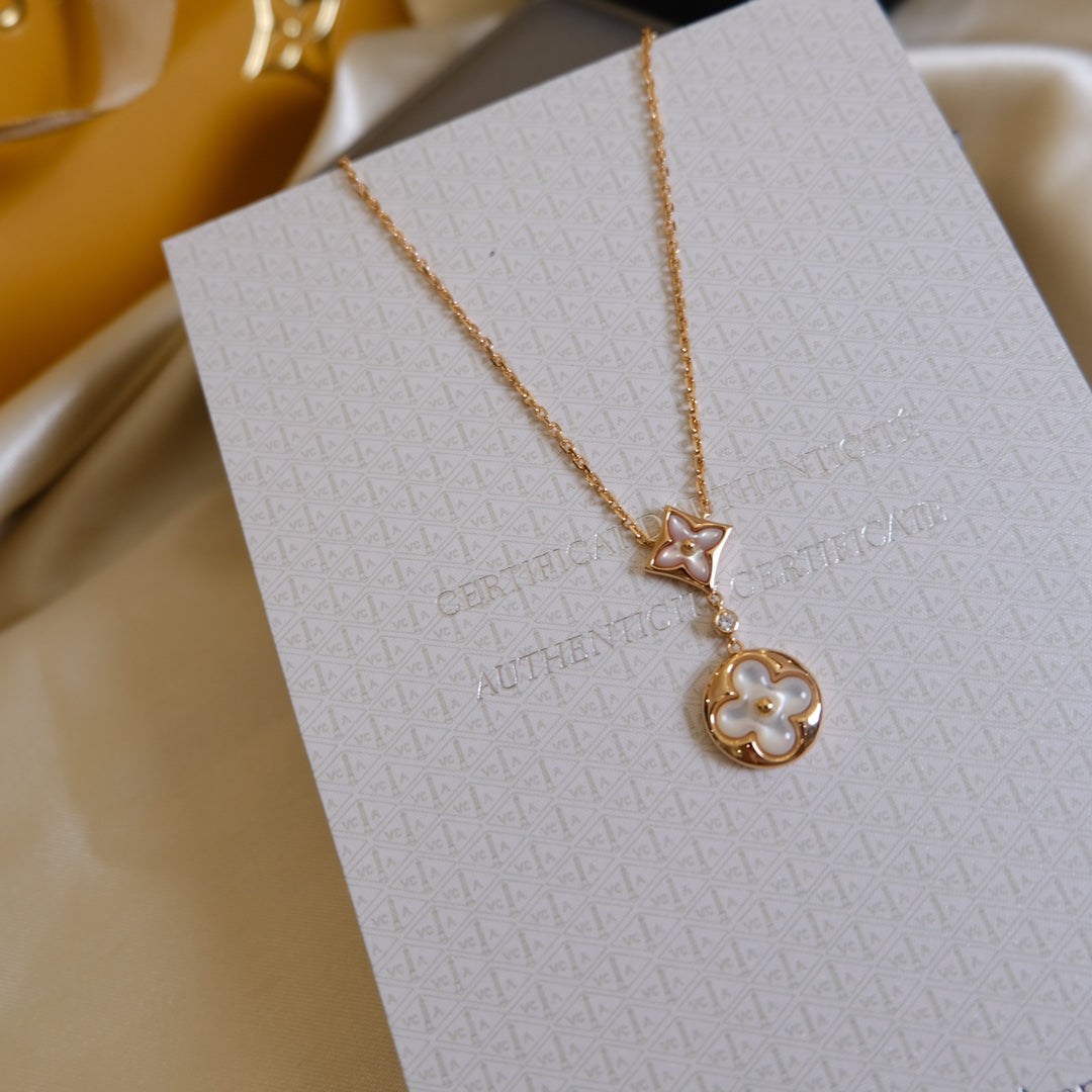 [Everoly JW]STAR AND SUN WHITE MOP 2 MOTIF PINK GOLD NECKLACE