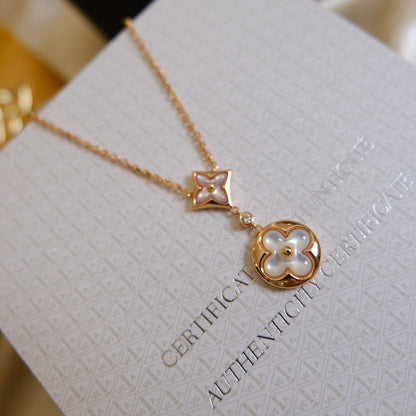 [Everoly JW]STAR AND SUN WHITE MOP 2 MOTIF PINK GOLD NECKLACE