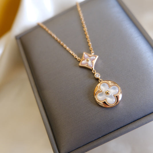 [Everoly JW]STAR AND SUN WHITE MOP 2 MOTIF PINK GOLD NECKLACE