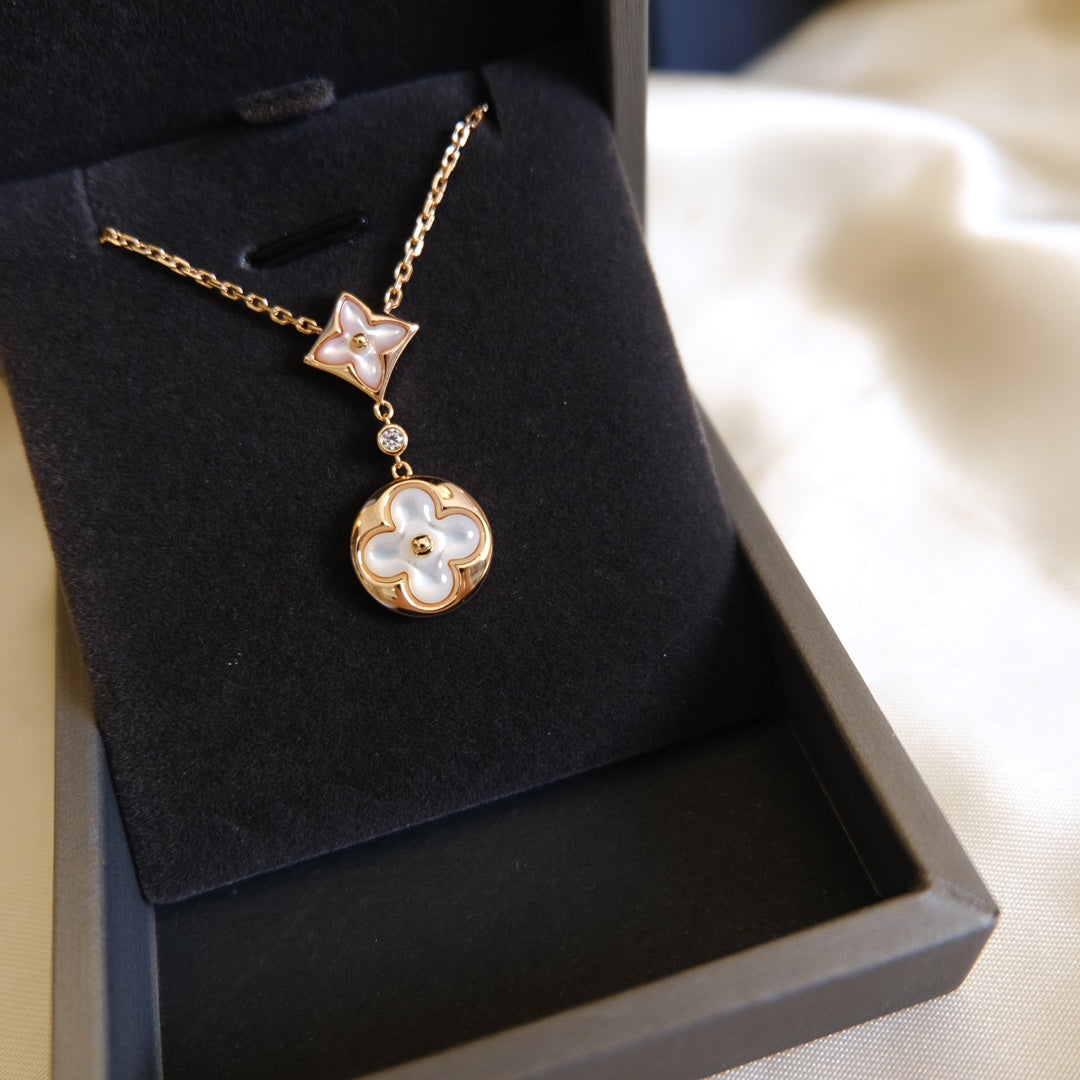 [Everoly JW]STAR AND SUN WHITE MOP 2 MOTIF PINK GOLD NECKLACE