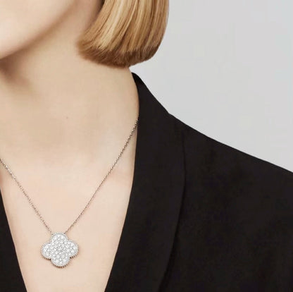 [Everoly JW]CLOVER 25MM LARGE PENDANT DIAMOND PAVED SILVER NECKLACE