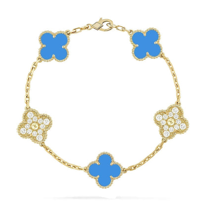 [Violet JW]CLOVER 5 MOTIF BLUE CHALCEDONY DIAMOND GOLD BRACELET