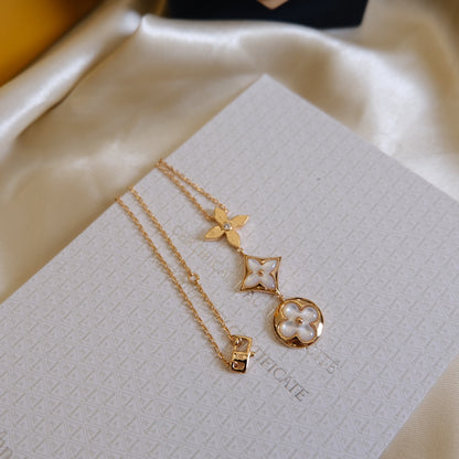 [Everoly JW]COLOR BLOSSOM LARIAT NECKLACE PINK GOLD WHITE MOTHER PEARL AND DIAMOND