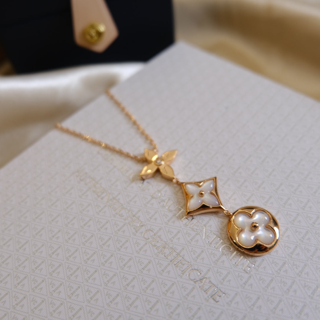 [Everoly JW]COLOR BLOSSOM LARIAT NECKLACE PINK GOLD WHITE MOTHER PEARL AND DIAMOND