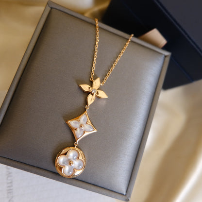 [Everoly JW]COLOR BLOSSOM LARIAT NECKLACE PINK GOLD WHITE MOTHER PEARL AND DIAMOND