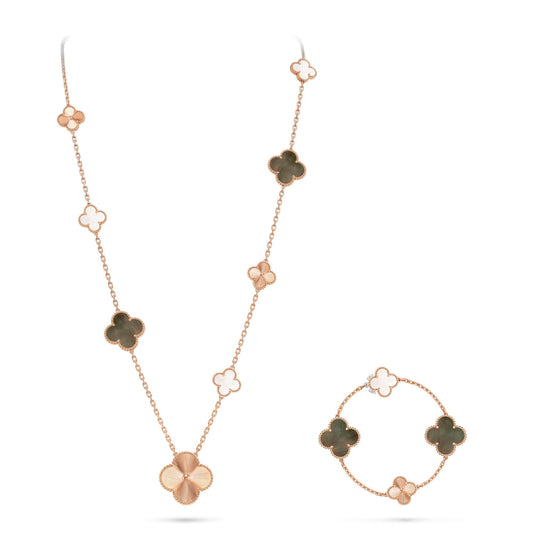 [Everoly JW]DETACHABLE CLOVER 15(11+4) FLOWER ROSE GOLD NECKLACE SET