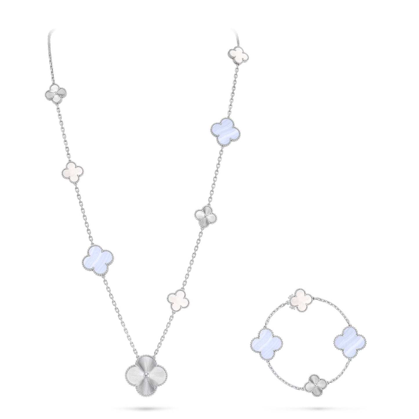 [Everoly JW]DETACHABLE CLOVER 15(11+4) FLOWER SILVER NECKLACE SET